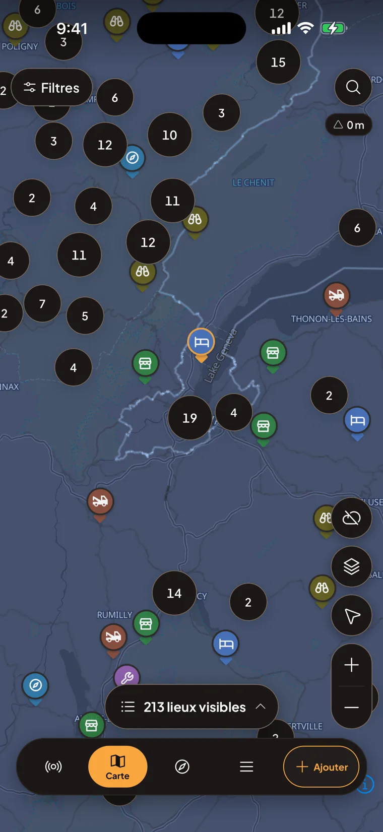 Motonest map of Geneva with motorcycle-friendly places