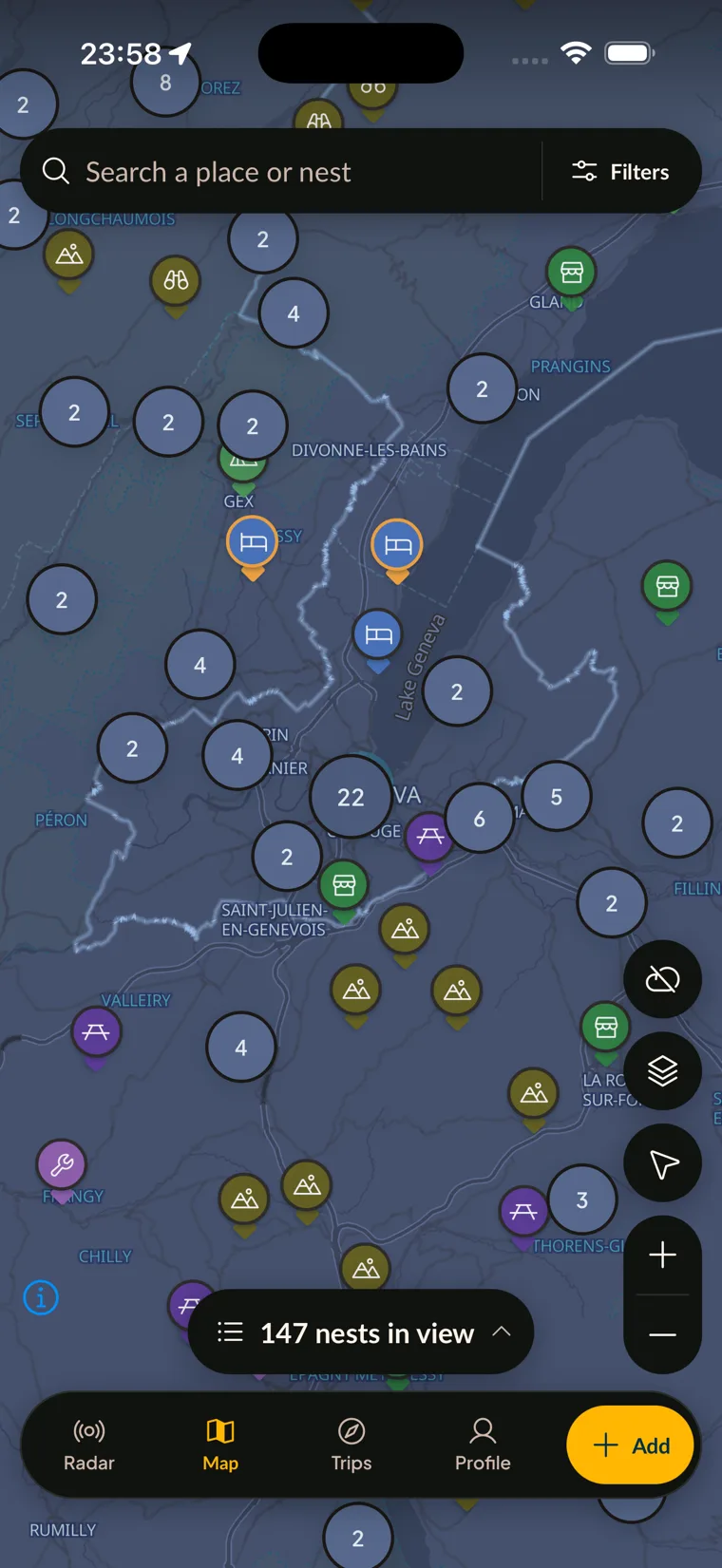Motonest map of Geneva with motorcycle-friendly places