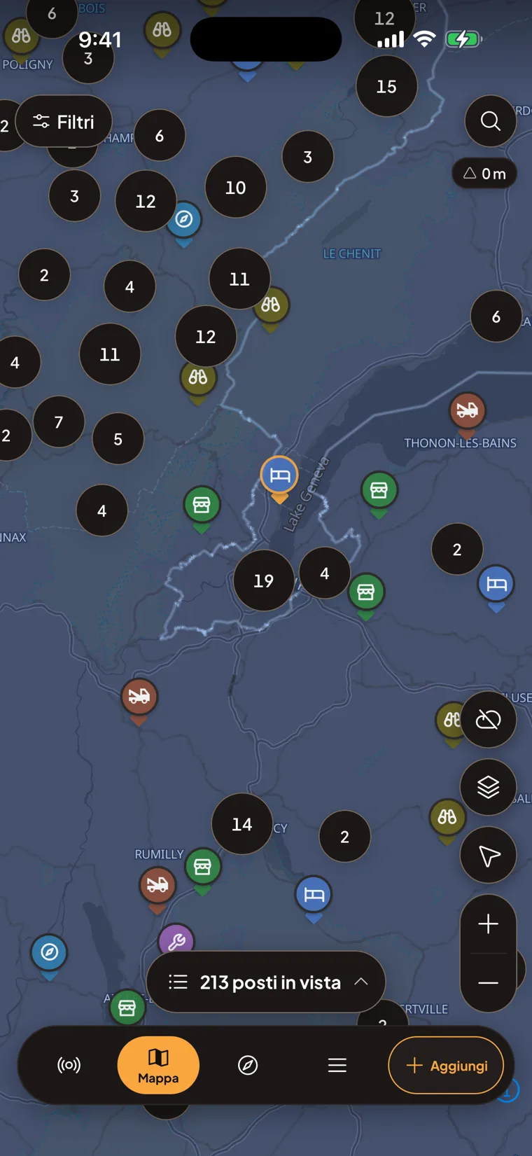 Motonest map of Geneva with motorcycle-friendly places
