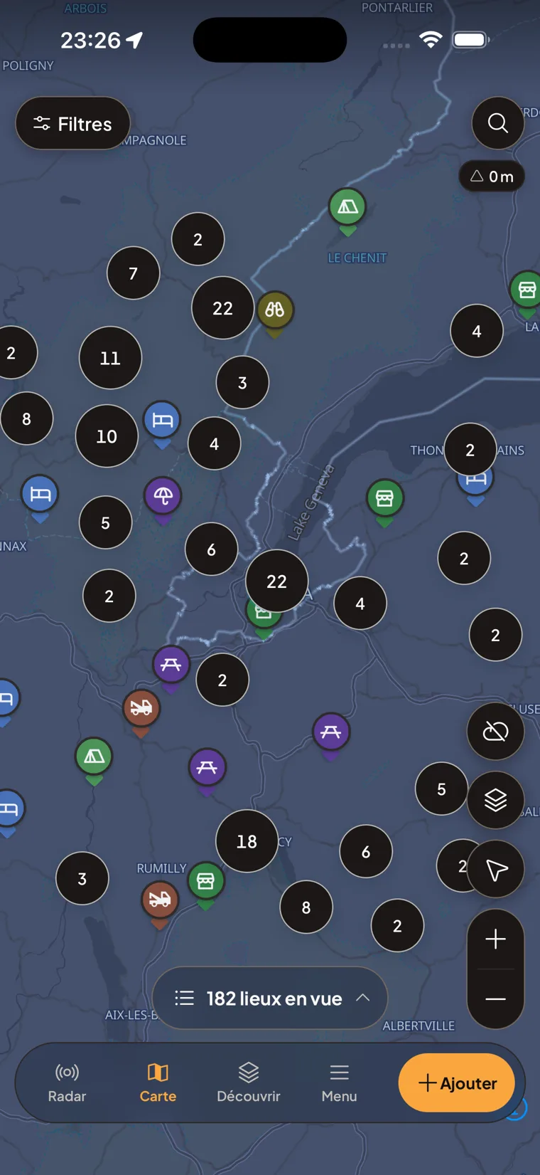 Motonest map of Geneva with motorcycle-friendly places