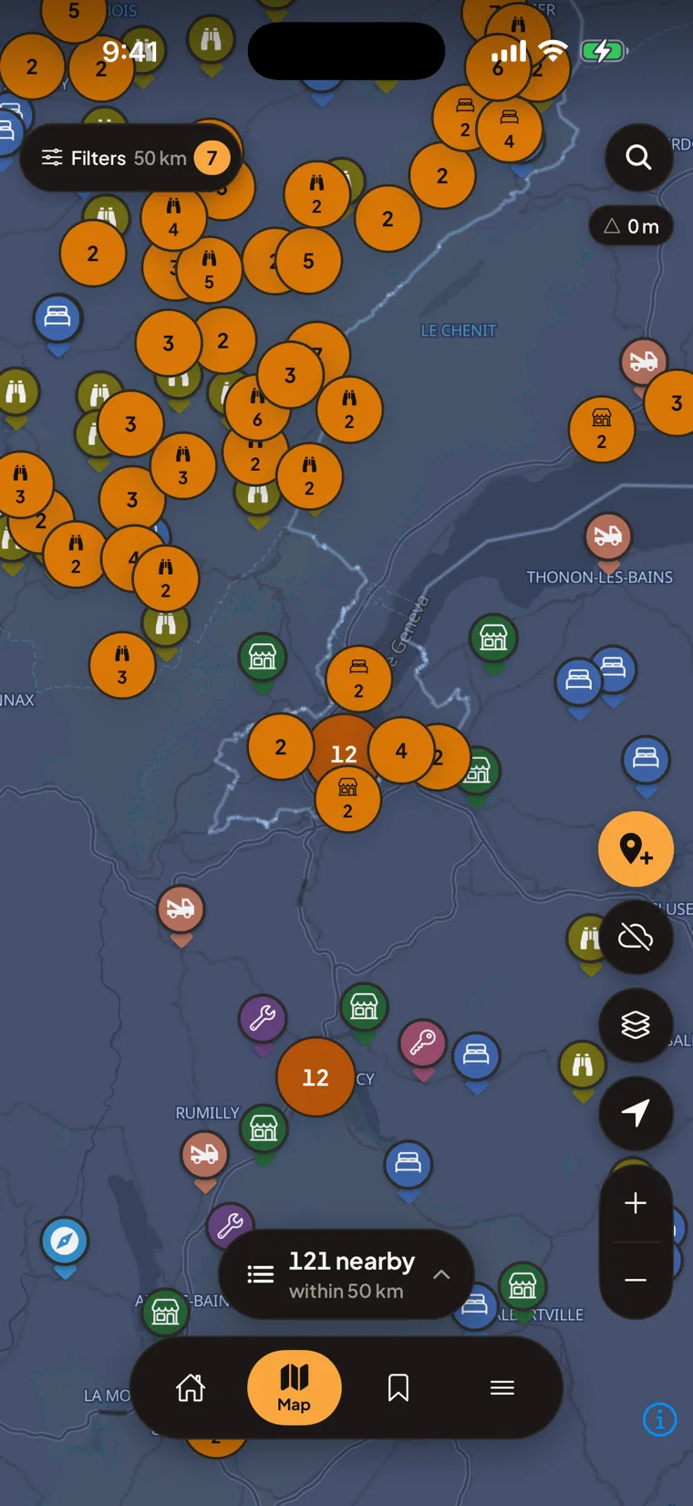 Motonest map of Geneva with motorcycle-friendly places