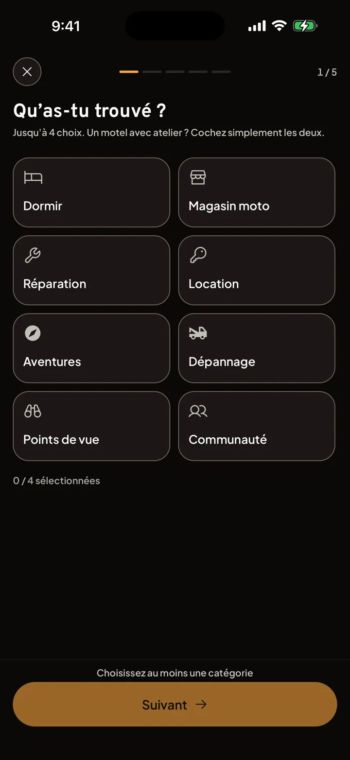 Motonest in-app screen to suggest a new nest for other riders