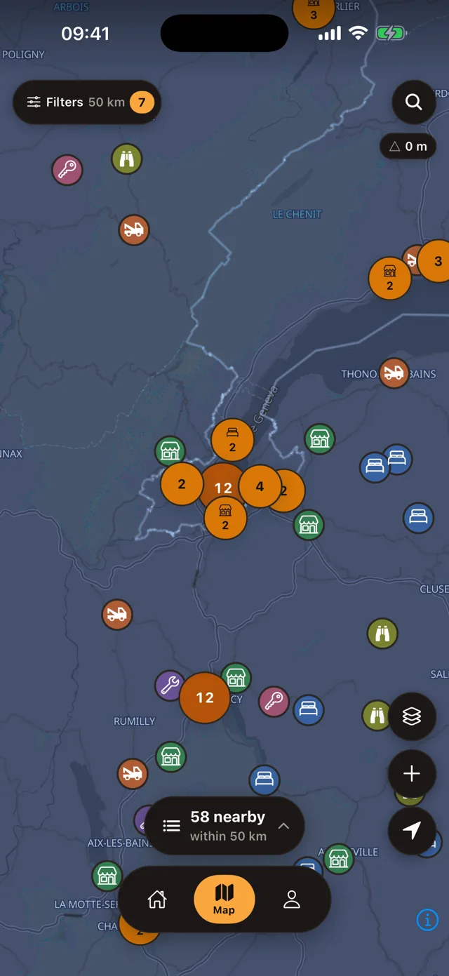 Motonest map view with category pins